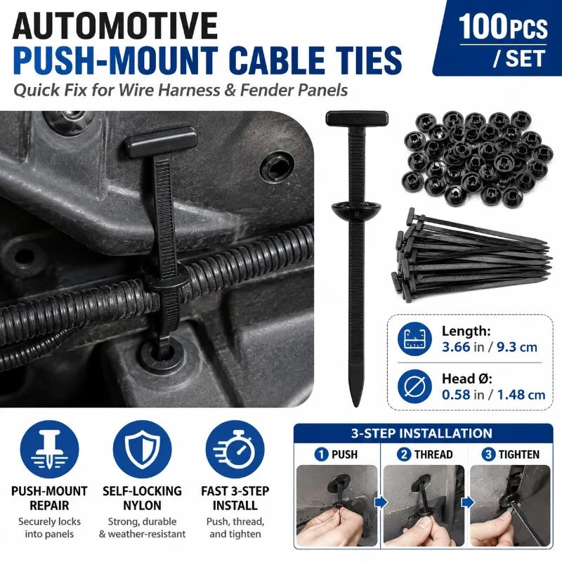 100-Pack Push Mount Cable Ties | Nylon Wire Harness Clips Automotive Cable Fasteners QXL