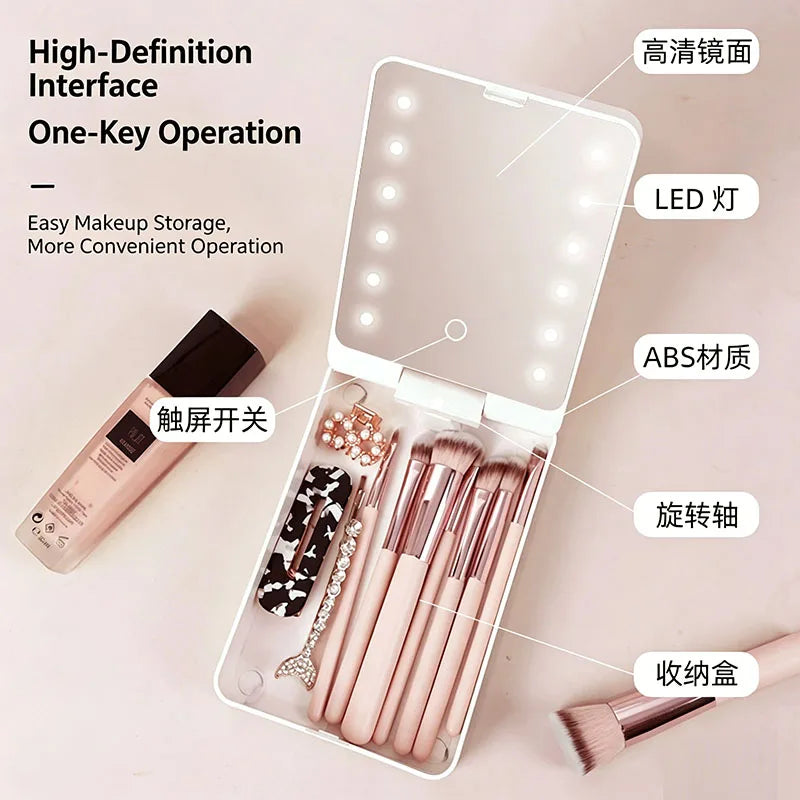 2-in-1 Makeup Brush Organizer Case with LED Mirror & USB-C Makeup Brush Organizer QXL