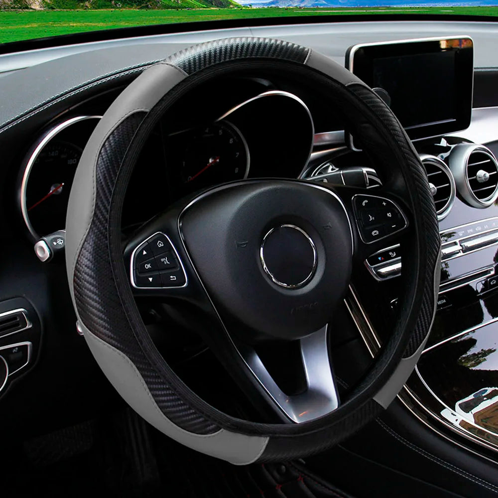 PU Carbon Fiber Steering Wheel Cover | 14.5–15 Inch Steering Wheel Cover QXL GRAY