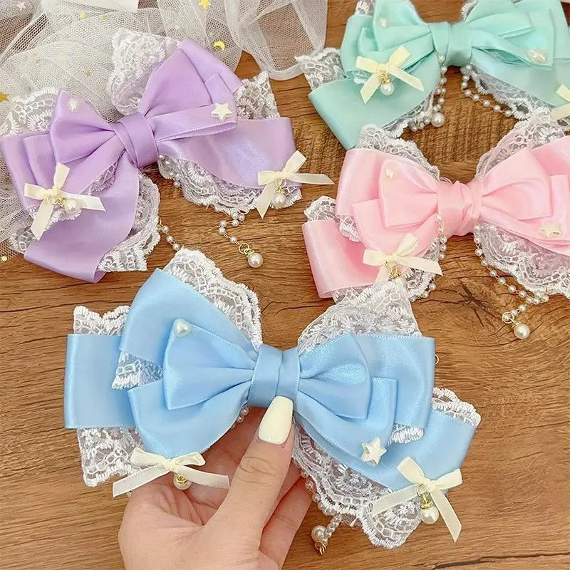 Lolita Pink Bow Hair Clip | Lace Pearl Princess Headpiece Lolita Hair Clip QXL