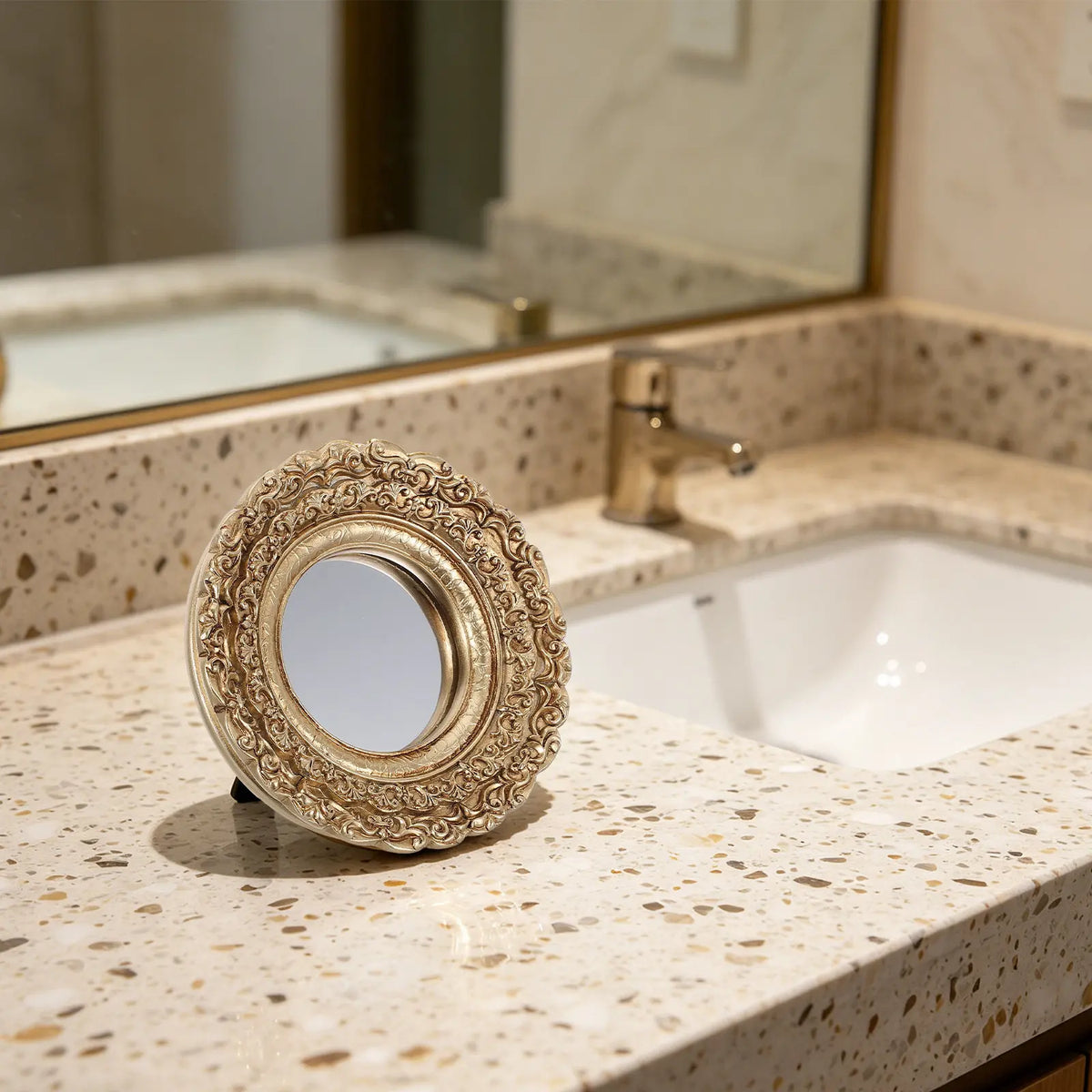 8-Inch Golden Vintage Round Embossed Makeup Hand Mirror Decorative Hand Mirror QXL