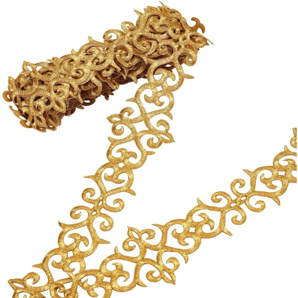 Iron-On Gold Embroidery Lace Trim 4.37 Yds | Floral Metallic Embroidery Lace Trim QXL
