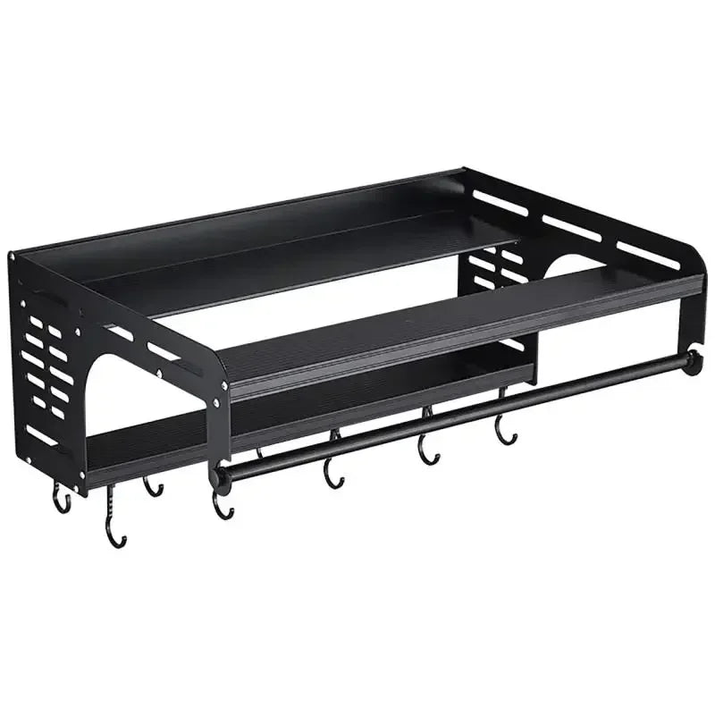 2-Tier Wall-Mount Aluminum Microwave Rack with Hooks Kitchen Wall Rack QXL black