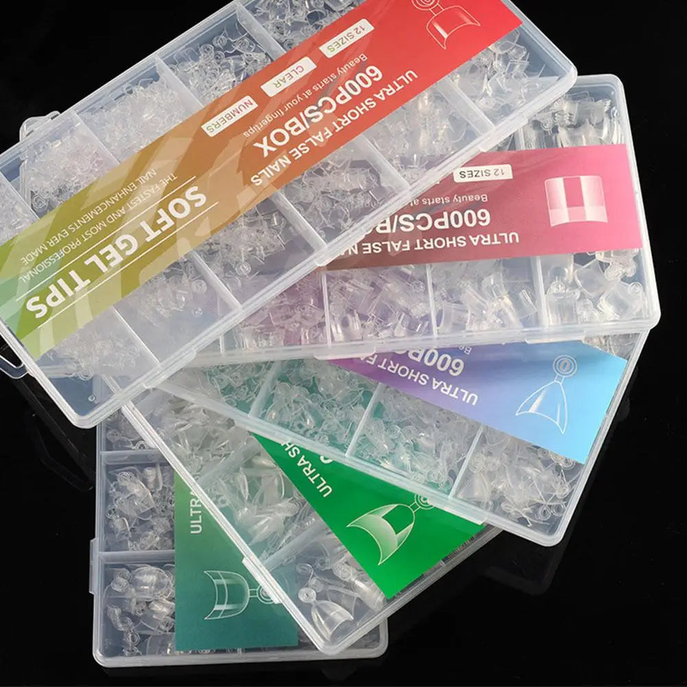 600-Piece Short Half-Cover Clear Nail Tips | 12 Sizes DIY Set False Nail Tips QXL