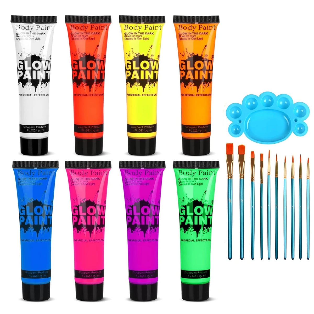 UV Neon Glow Body & Face Paint Set – 8 Tubes + Brushes UV Body Paint Set QXL 10 pcs