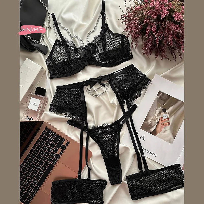 Women's Lace Garter Lingerie Set | Underwire Bra & Thong Lingerie Set QXL