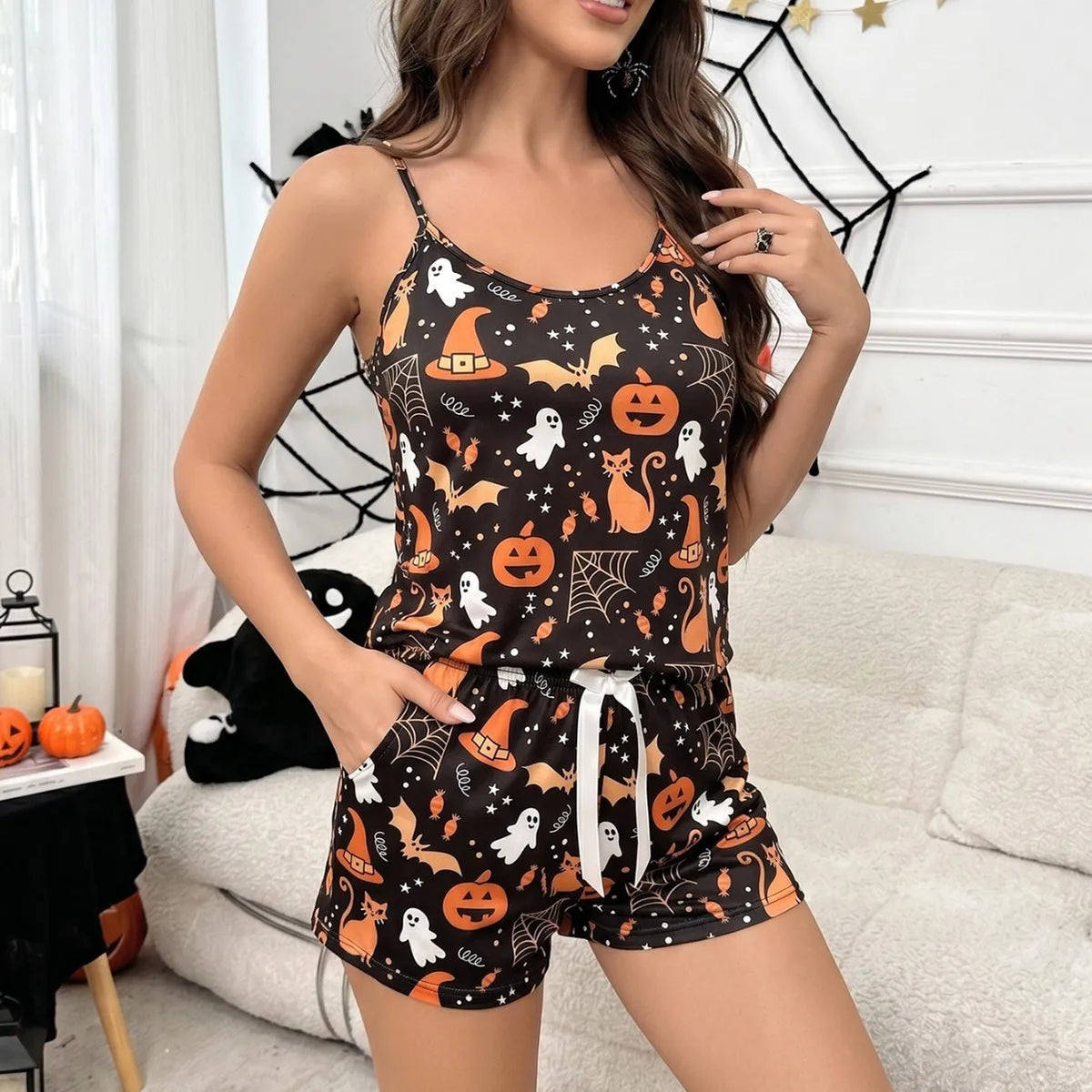 Women's Halloween Pumpkin Ghost Cami Pajama Set – 2-Pc Shorts Pajama Set QXL 1XL GRAY