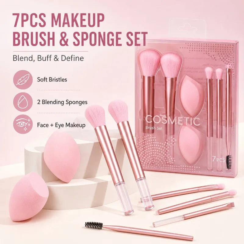 7-Piece Makeup Brush & Sponge Set | Rose Gold Handle Makeup Brush Set QXL
