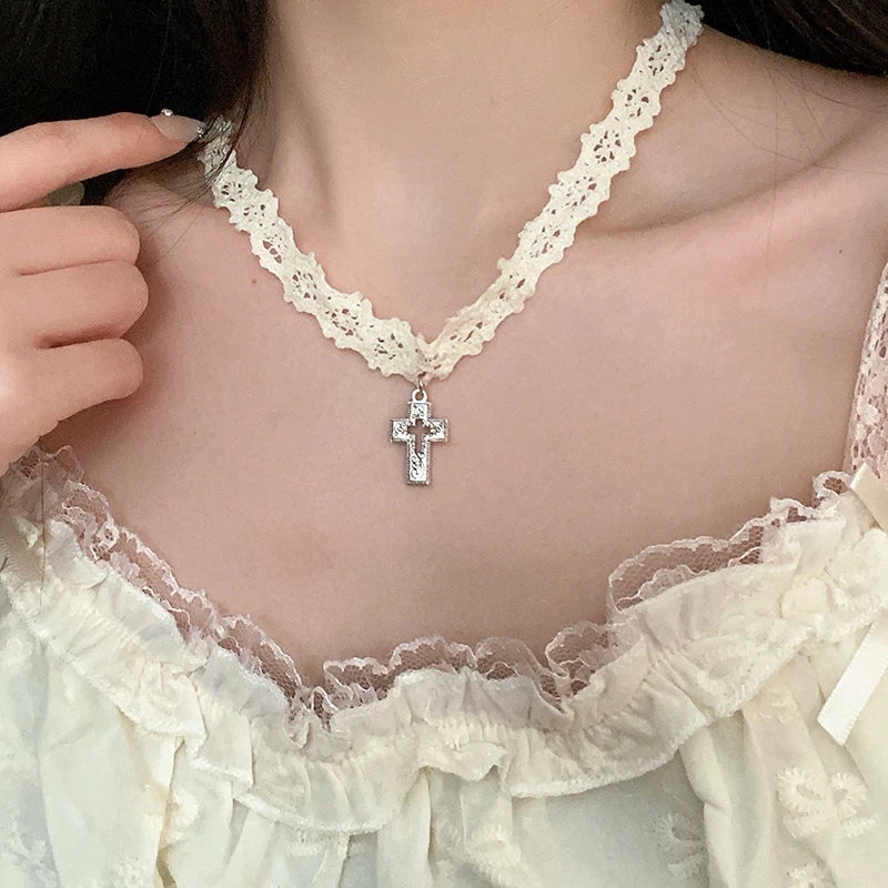 Hollow Cross Pendant Lace Choker Necklace for Women Choker Necklace QXL