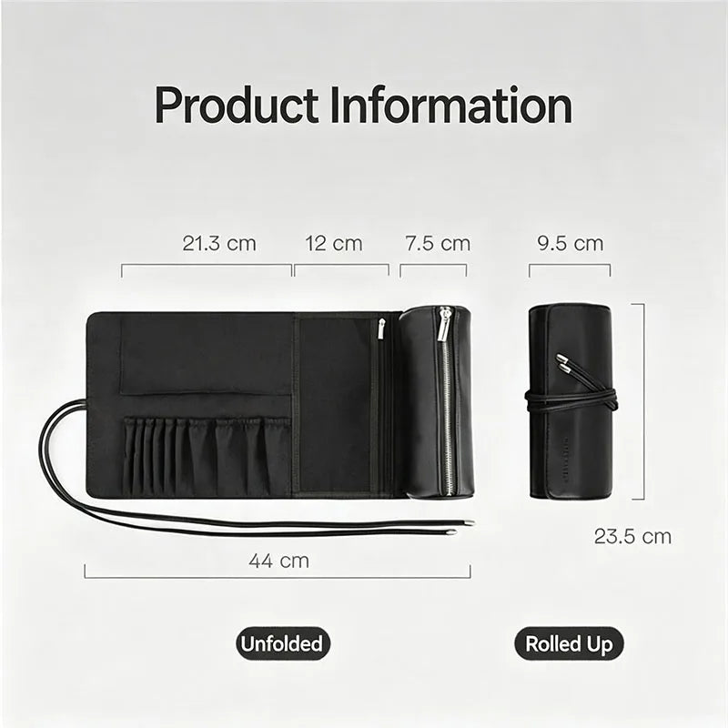 PU Leather Roll-Up Makeup Brush Bag | Cylinder Travel Case Makeup Brush Bag QXL