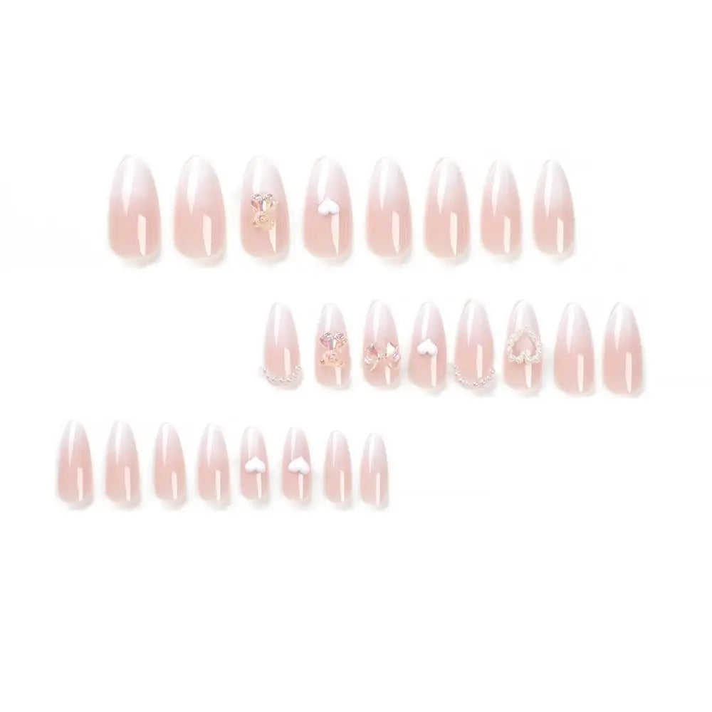 Long Almond Press-On Nails | Y2K French Heart Bow Pearl Set Press-On Nail Set QXL