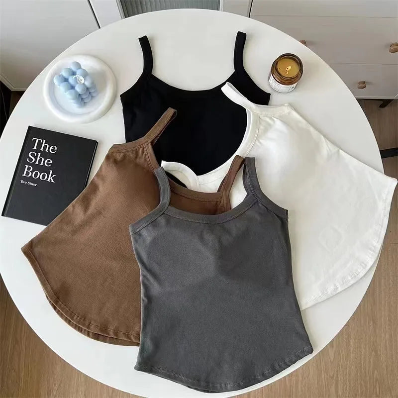 U-Neck Built-In Bra Camisole | Curved Hem Sleeveless Tank Top Camisole Tank Top QXL