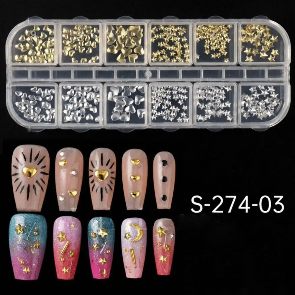 12-Grid 3D Metal Nail Charms | Gold Silver Heart & Star Set Nail Art Charms QXL