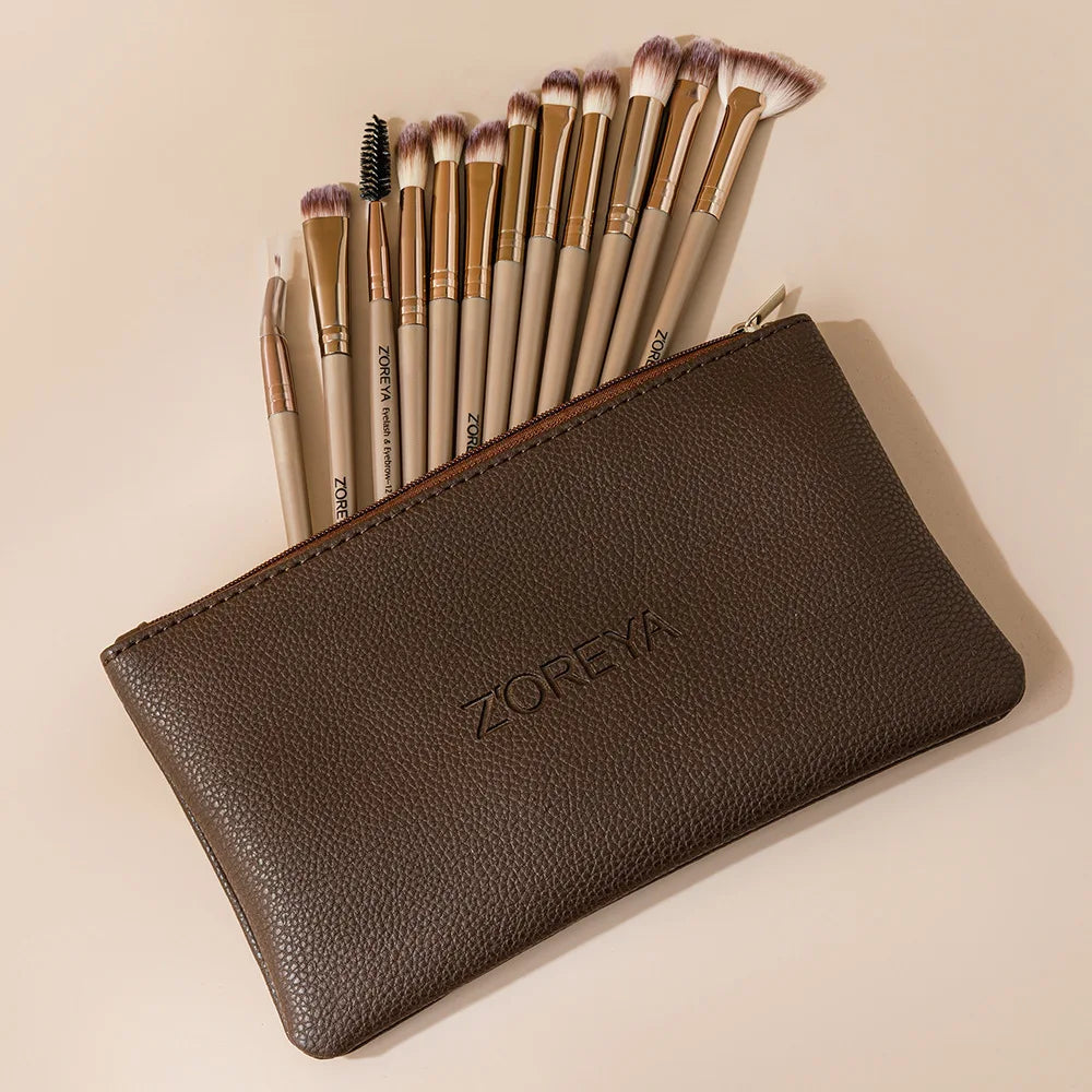 ZOREYA 12-Piece Eye Makeup Brush Set | Eyeshadow & Concealer Eye Makeup Brush Set QXL Coffee set with bag