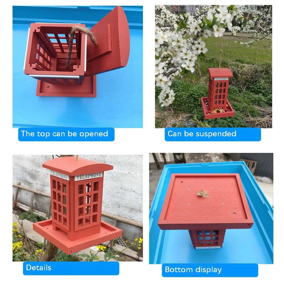 Red Telephone Box Wooden Bird Feeder | Hangable Garden Décor Decorative Bird Feeder QXL
