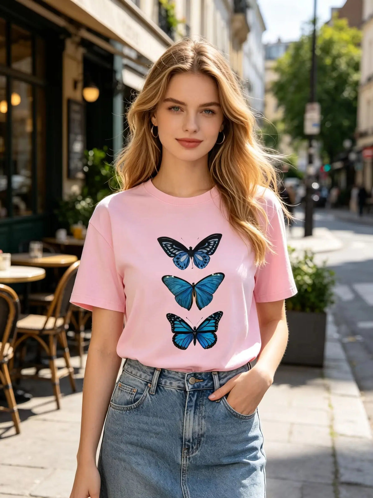 Women's 100% Cotton Butterfly Print T-Shirt | Casual Daily Top Graphic T-Shirt QXL
