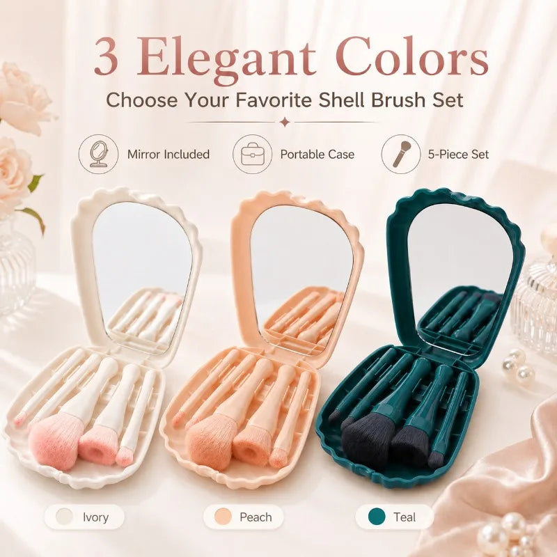 5-Pc Shell Makeup Brush Set with Mirror Case | Travel Makeup Brush Set QXL