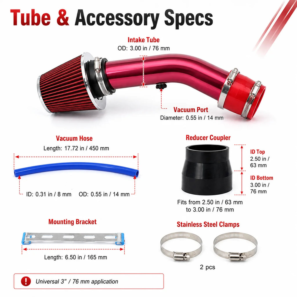 3" 76mm Universal Cold Air Intake Kit | High-Flow Cone Filter Cold Air Intake Kit QXL