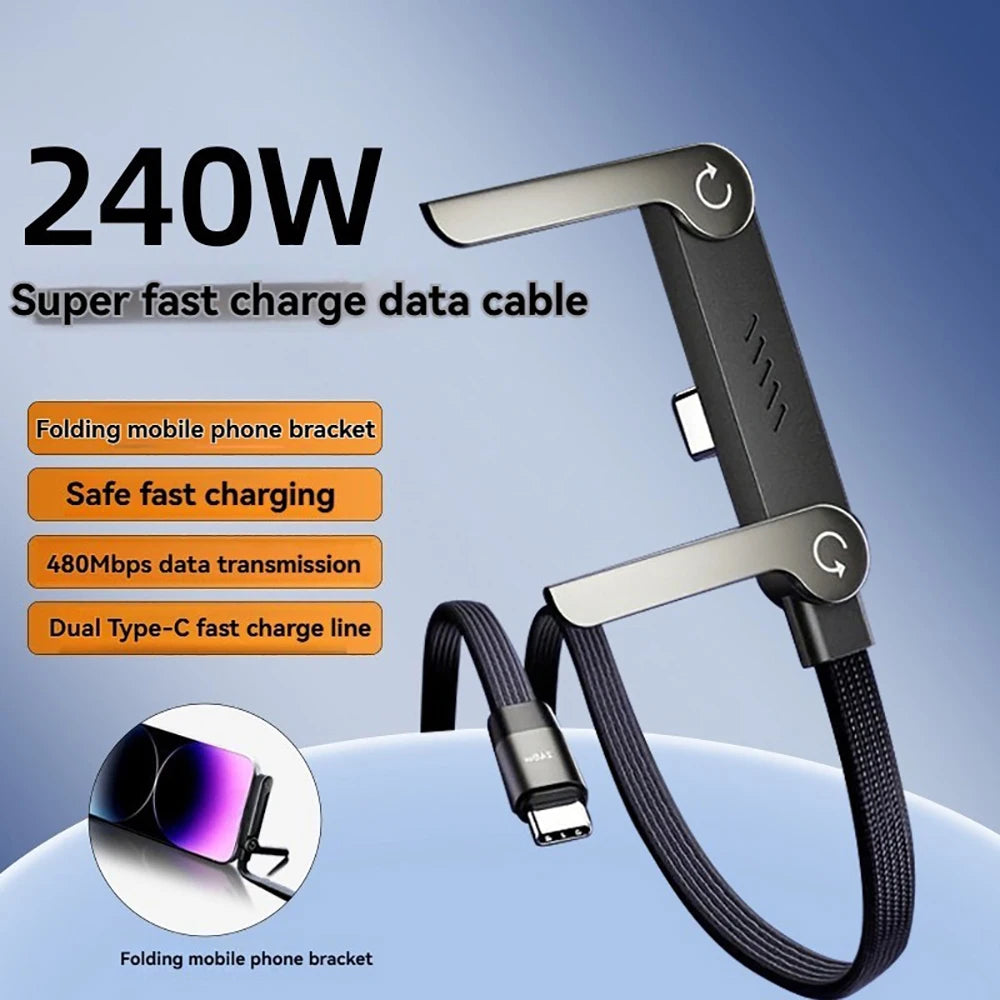 2-in-1 240W USB-C Fast Charging Cable & Foldable Phone Stand USB-C Charging Cable QXL