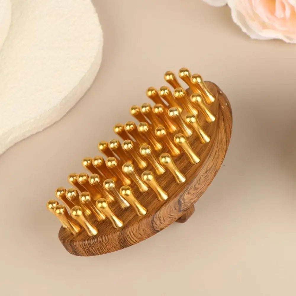 39-Tooth Brass Scalp & Body Massage Brush | Wood Handle Scalp Massage Brush QXL