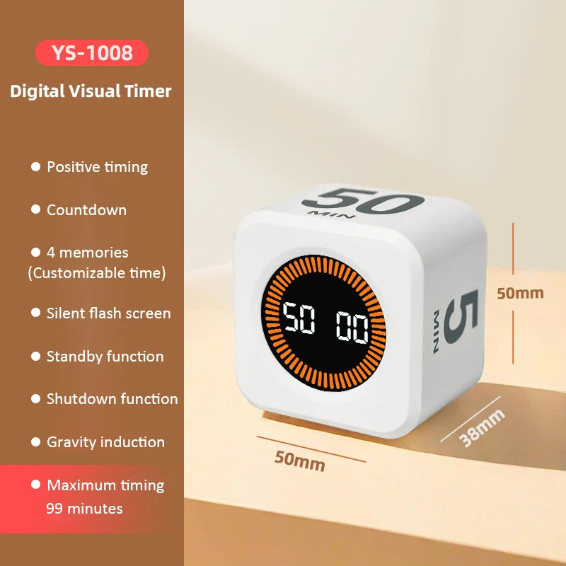 Flip Cube Timer | LED Visual Display, 4 Presets, USB-C Charge Kitchen Timer QXL WHITE