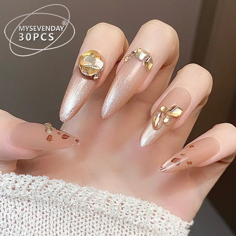 Cat-Eye Leopard Diamond French Press-On Nails | 10pc Set Press-On False Nails QXL
