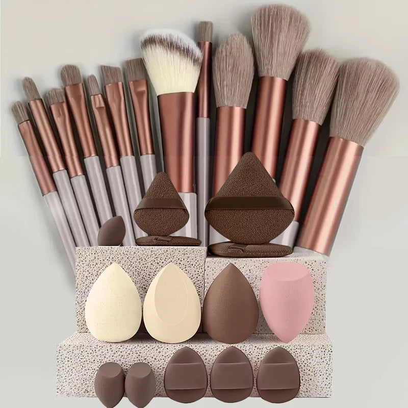 10-Pc Mini Makeup Brush Set with Travel Bag | Nylon Brushes Makeup Brush Set QXL 27pcs brown