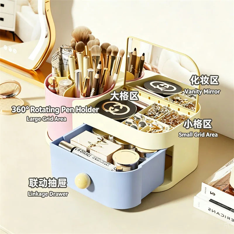 360° Rotating Makeup Brush Holder with Mirror & Jewelry Box Makeup Brush Organizer QXL