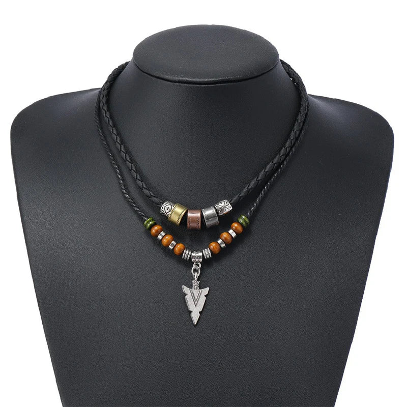 Men's Vintage Layered Arrow Pendant Necklace | Leather & Bead Layered Pendant Necklace QXL