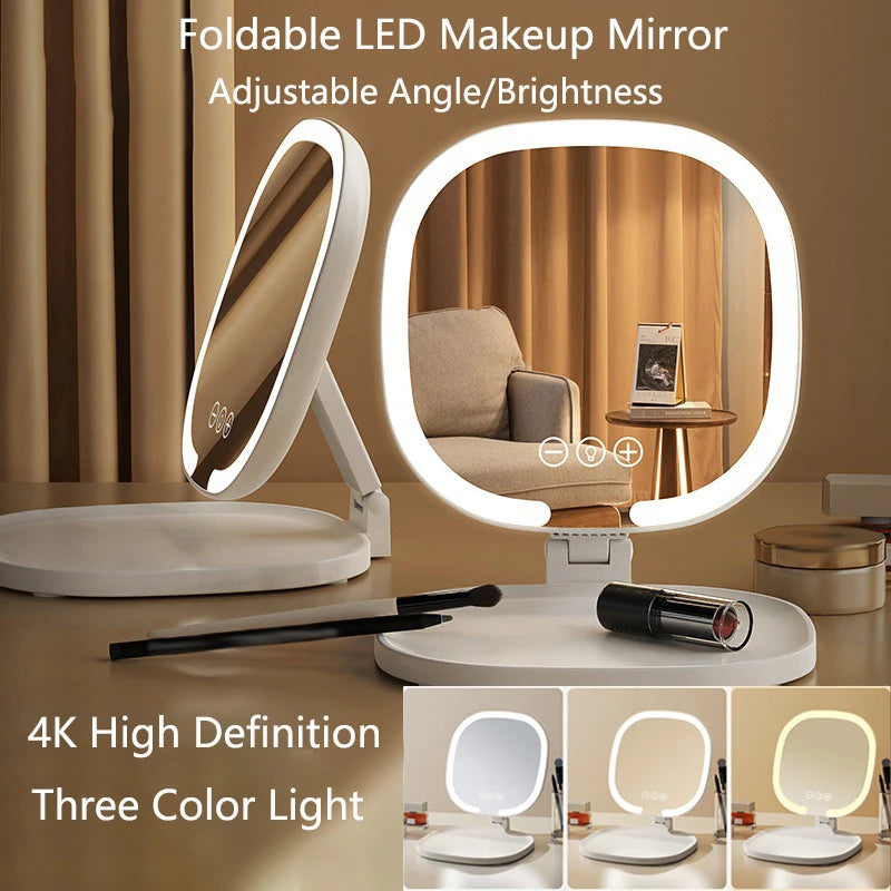 Foldable LED Lighted Makeup Mirror | 3 Color Vanity Mirror LED Vanity Mirror QXL No light Pink
