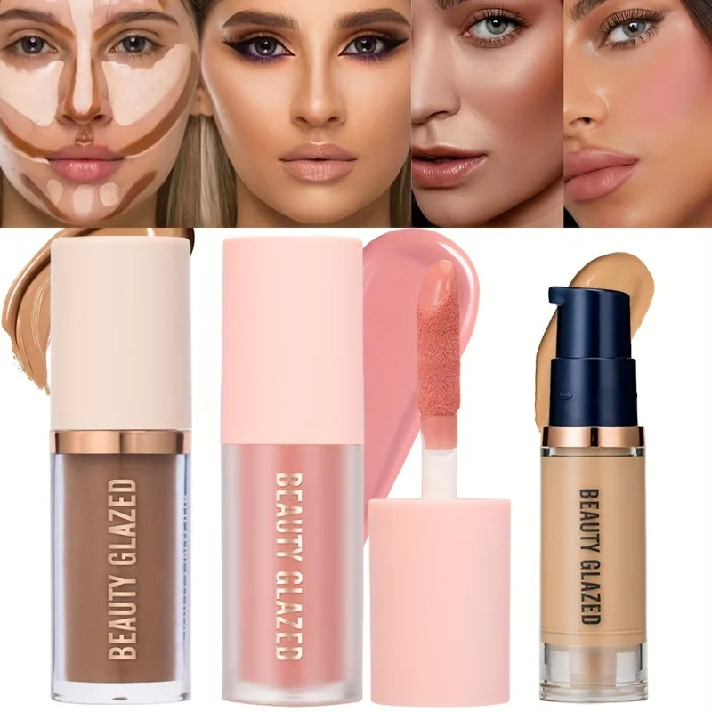 Beauty Glazed 3-Pc Waterproof Makeup Set – Blush, Contour & Foundation Liquid Makeup Set QXL