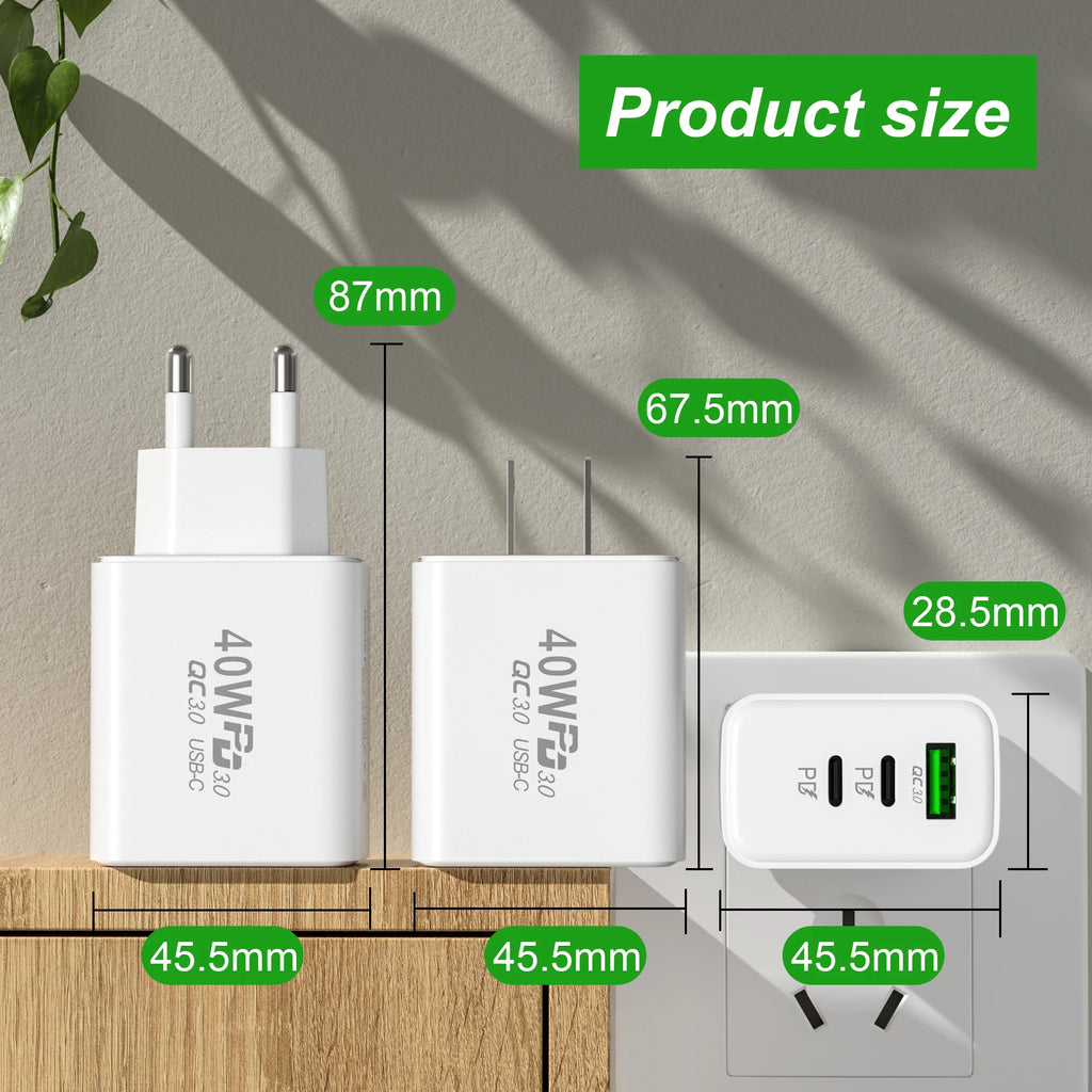 60W USB-C 3-Port Fast Wall Charger QC 3.0 | EU/US/UK Plug USB Wall Charger QXL