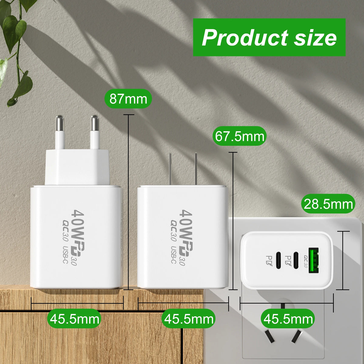 60W USB-C 3-Port Fast Wall Charger QC 3.0 | EU/US/UK Plug USB Wall Charger QXL