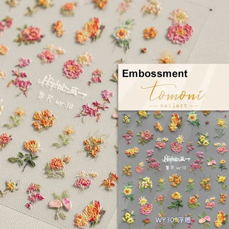 5D Blue Star Floral Nail Stickers | Embossed Tulip Decals