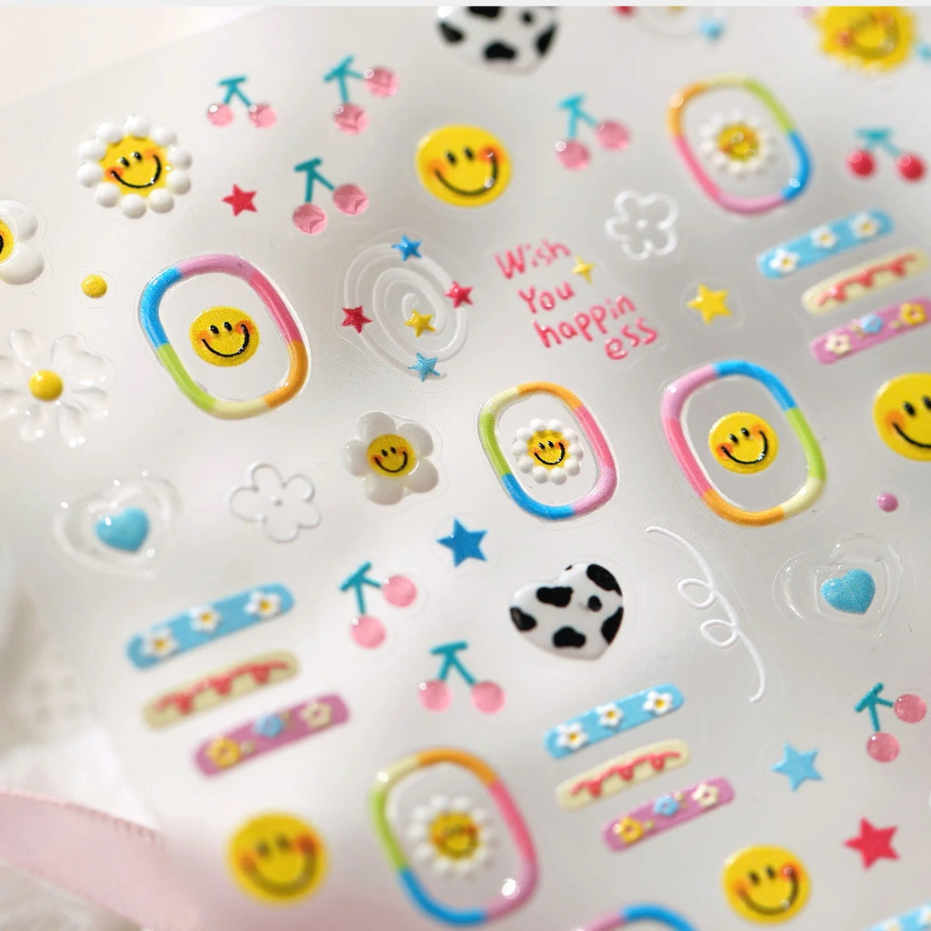 5D Nail Stickers – Smile Face, Cow Print & Daisy Decals Nail Art Stickers QXL