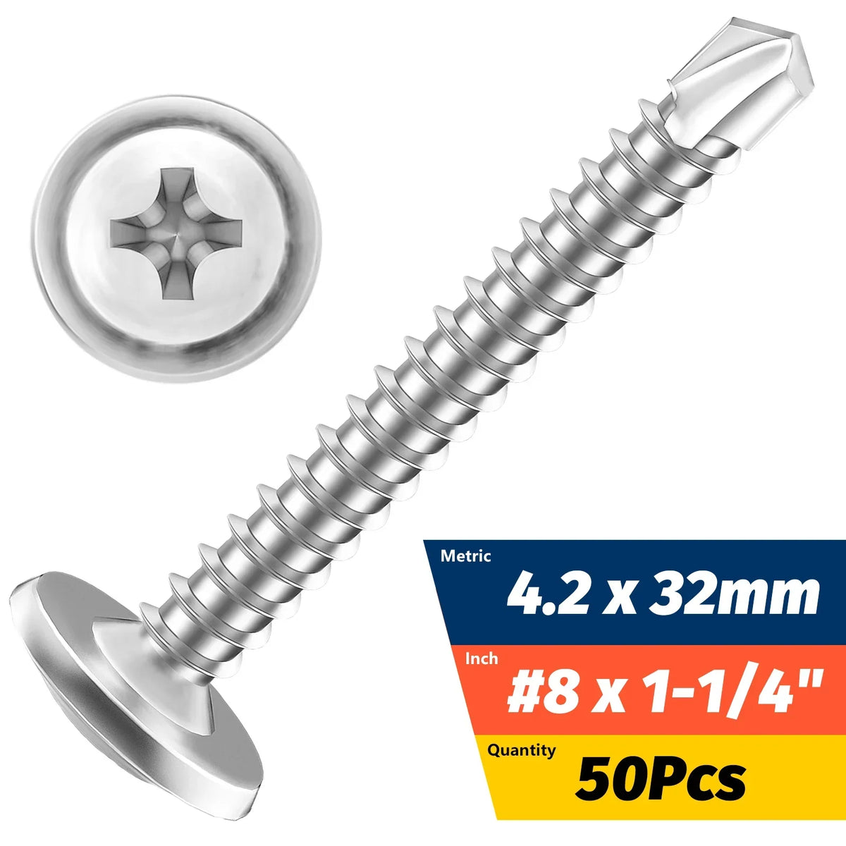 #8 M4.2 Truss Head Self-Drilling Screws | 410 Stainless 50-Pk Self-Drilling Screws QXL 4.2x32mm (8x1-1-4) 50 pieces
