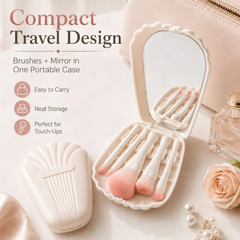 5-Pc Shell Makeup Brush Set with Mirror Case | Travel Makeup Brush Set QXL
