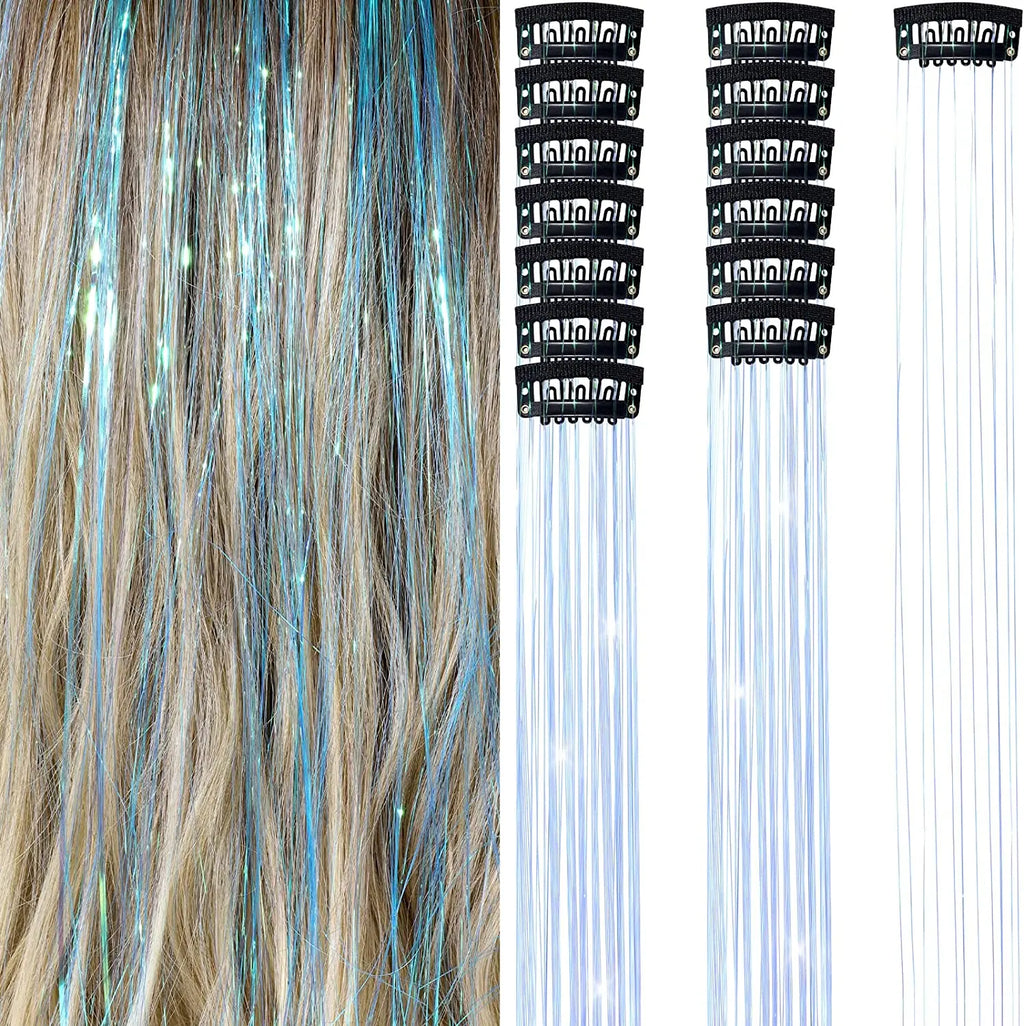 6-Pack Clip-In Shiny Hair Tinsel Extensions | 50cm Synthetic Clip-In Hair Tinsel QXL Fluorescent blue