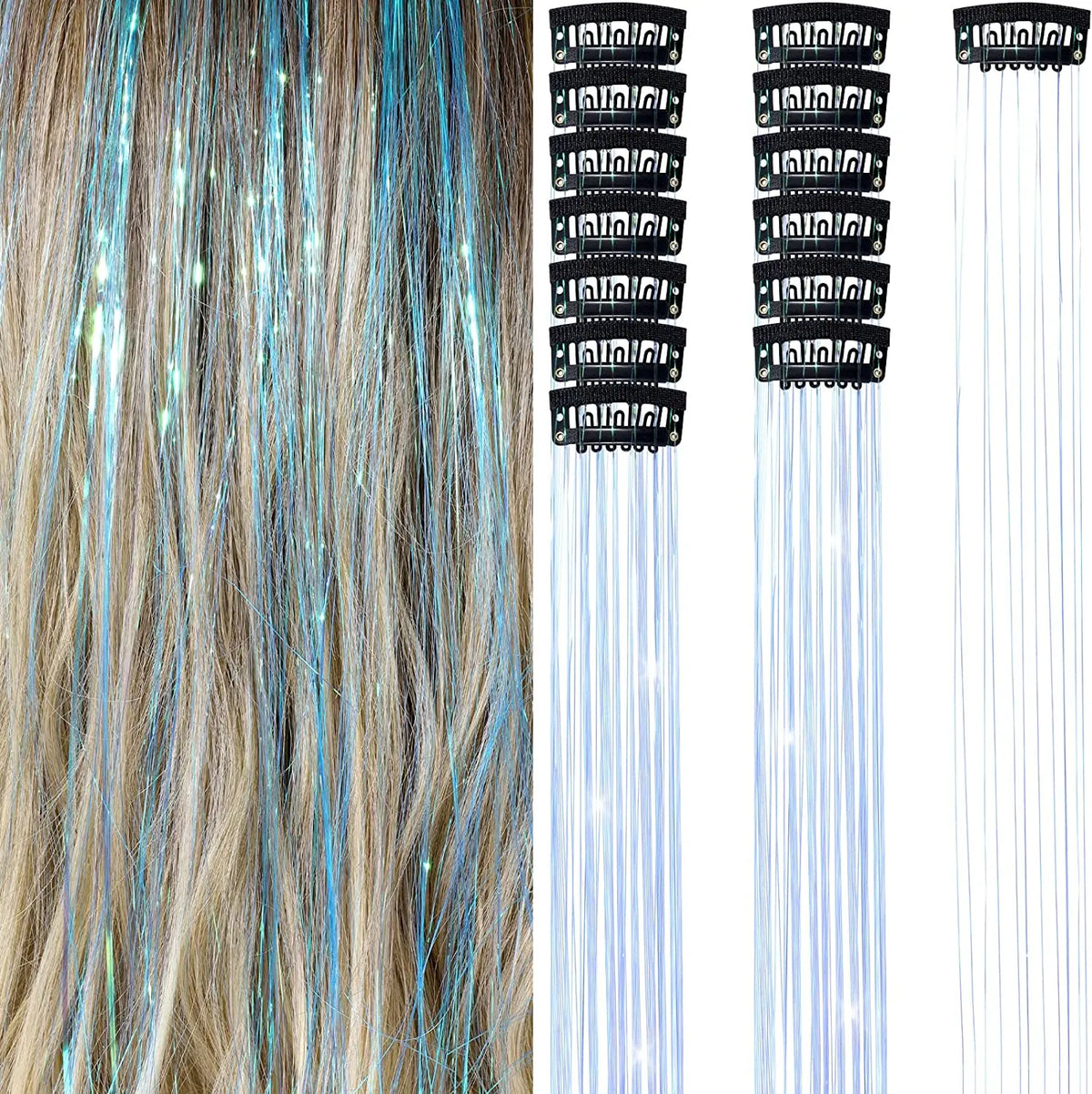 6-Pack Clip-In Shiny Hair Tinsel Extensions | 50cm Synthetic Clip-In Hair Tinsel QXL Fluorescent blue
