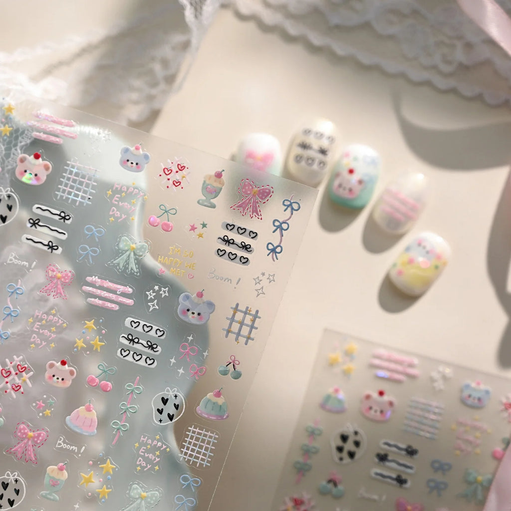 5D Embossed Nail Stickers – Cartoon Bear & Cake Design Nail Art Stickers QXL