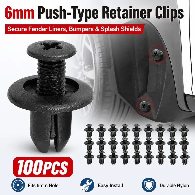 100-Pack 6mm Car Push Retainer Clips | Trim Panel Fastener Kit Trim Panel Fasteners QXL