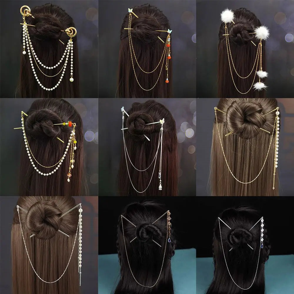 Retro Pearl Tassel Hair Stick | Hanfu Chinese Hairpin Gold Tassel Hair Stick QXL