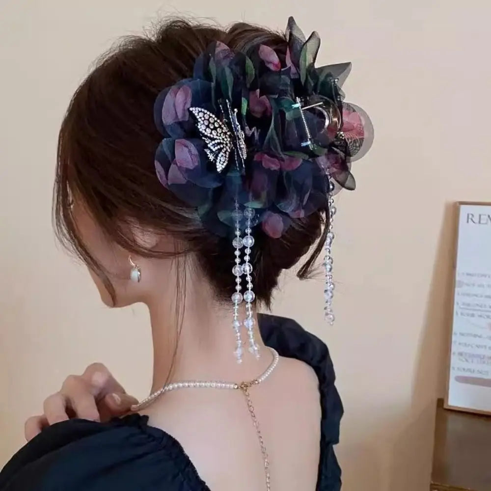 Flower Tassel Hair Claw Clip | Mesh Plastic Hairgrip Women Hair Claw Clip QXL