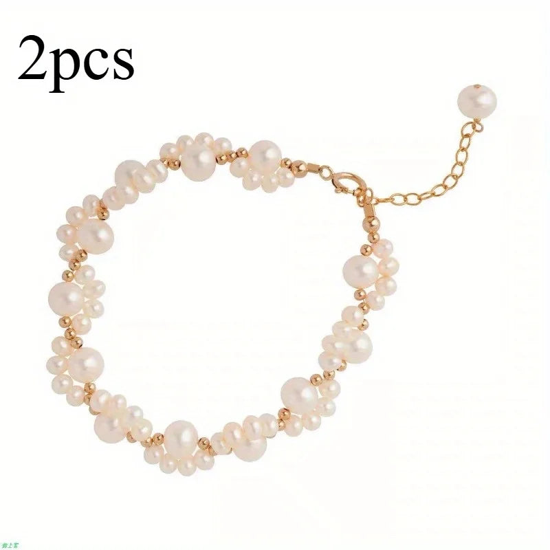 Elegant White Faux Pearl Beaded Bracelet | Unisex Strand Beaded Strand Bracelet QXL 2pcs