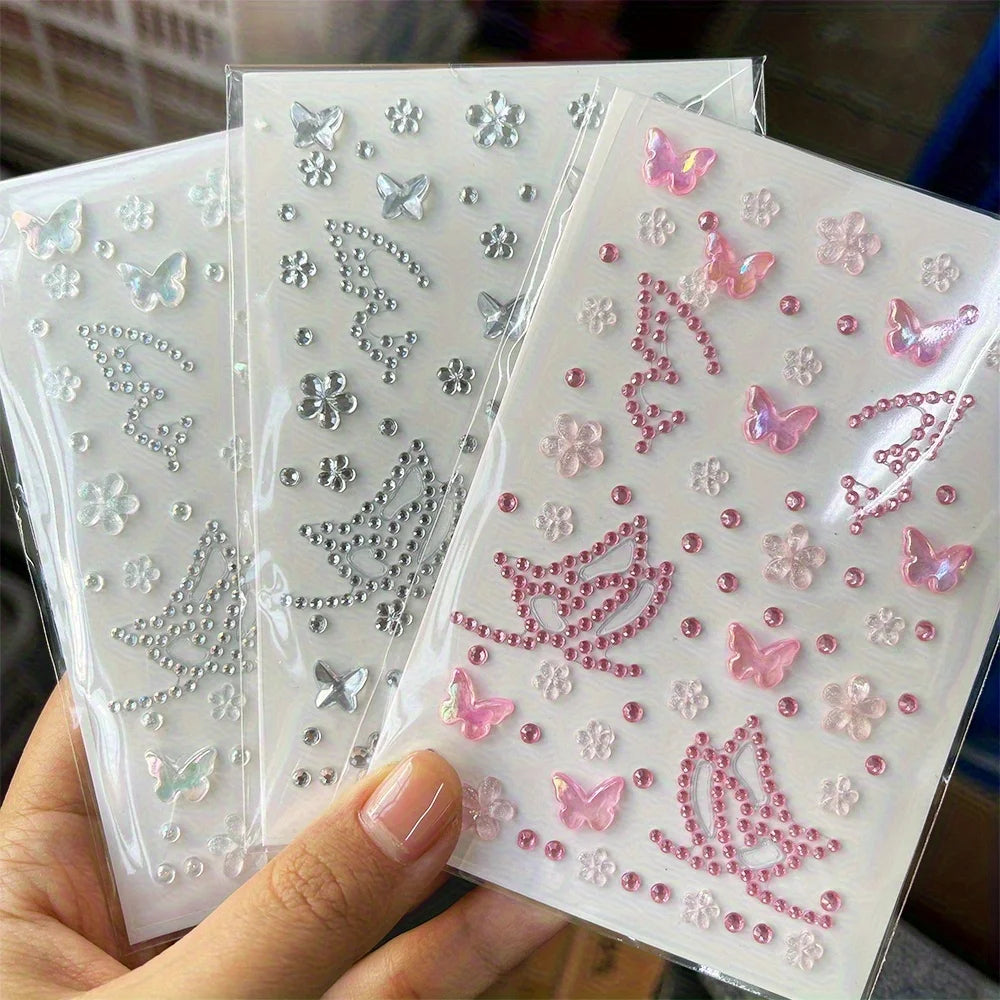 3-Pack Rhinestone Butterfly & Flower Face Gem Stickers Face Gem Stickers QXL