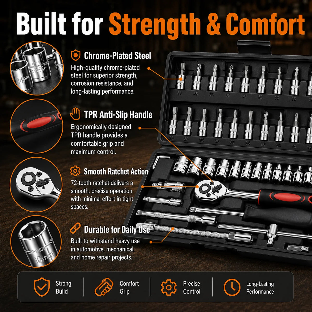 46-Pc 1/4" Drive Socket Wrench Set | Metric Ratchet Tool Kit Socket Wrench Set QXL