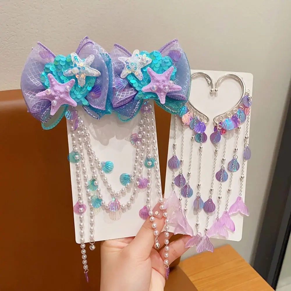 Kids Mermaid Pearl Fairy Hair Clips | Tassel Forehead Chain Kids Hair Clips QXL