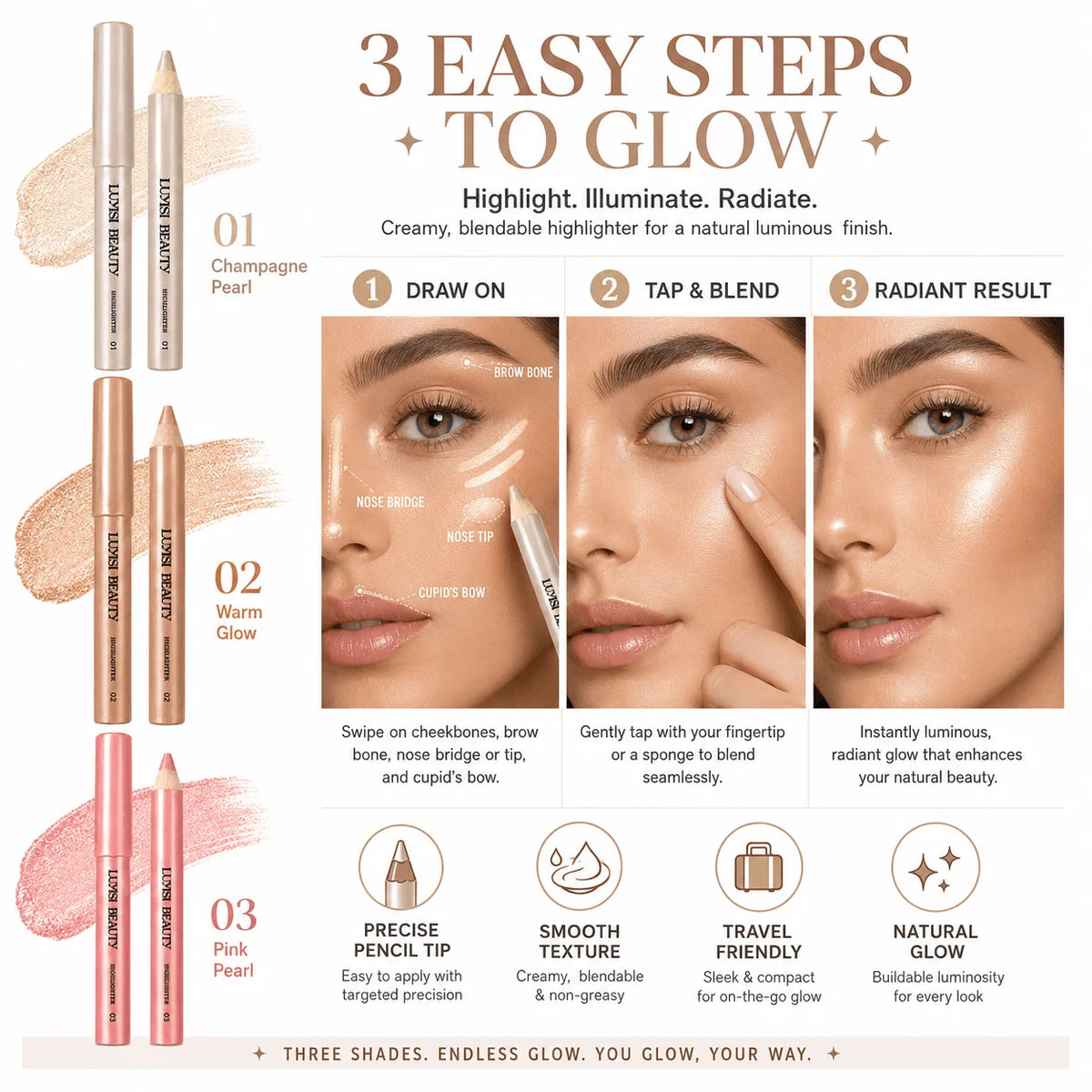 3-Shade Creamy Pearl Highlighter Pencil | Shimmer Glow Stick Highlighter Pencil QXL