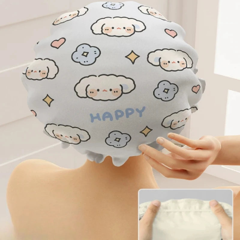 Cute Cartoon Double Layer Waterproof Shower Cap – Reusable Shower Cap QXL