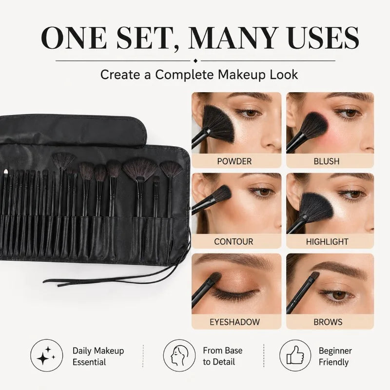 24-Piece Makeup Brush Set with Roll-Up Case | Face & Eye Makeup Brush Set QXL